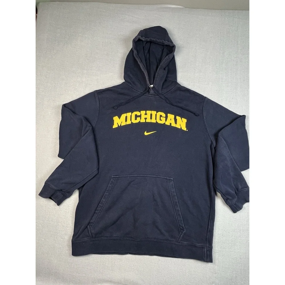 Vtg Michigan Wolverine Nike HoodieLarge Blue Spellout‎ Center Swoosh Stretch Y2K